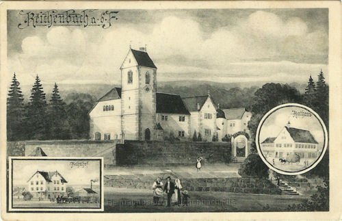 ort8.jpg - Evangelische Kirche, auf den kleineren Bildern sind der Bahnhof und das Rathaus zu sehen