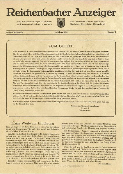 Reichenbacher-Anzeiger_19550225.pdf -  PDF:  Erstausgabe des "Reichenbacher Anzeiger" vom 25. Februar 1955