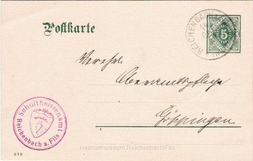 amt4.jpg - Postkarte mit Sonderstempel "Schultheissenamt Reichenbach a. Fils", abgestempelt am 14. Oktober 1910.