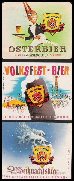 wald7.jpg - Plochingen: Flaschenetiketten vom Plochinger Waldhornbräu: Osterbier, Volksfestbier und Weihnachtsbier.