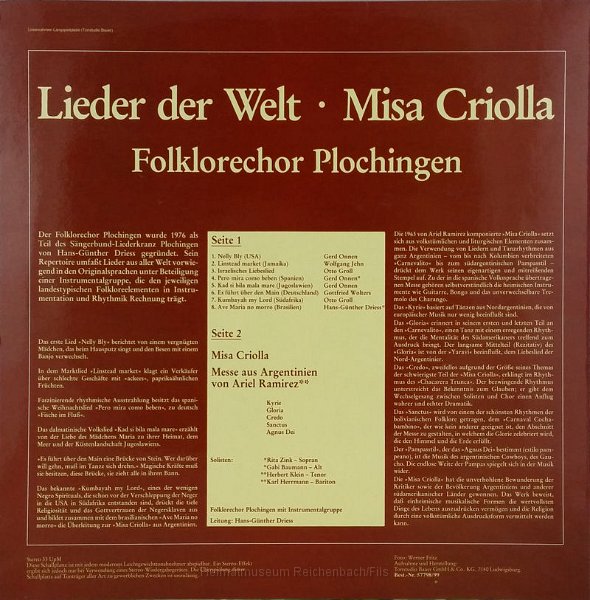 folklore hinten klein.jpg - Plochingen: Langspielplatte "Lieder der Welt - Misa Criolla" des "Folklorechor Plochingen" (Rückseite).