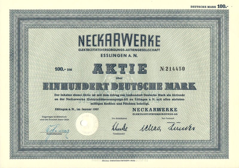neckar1.jpg - Esslingen: Aktie über 100 Deutsche Mark der Neckarwerke Elektrizitätsversorgungs-AG von 1957.