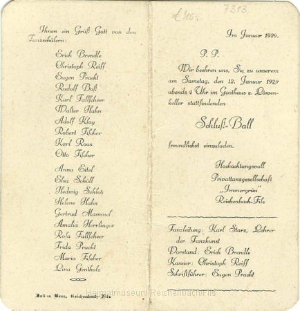 feier3v.jpg - Einladung zum Schluß-Ball der Privattanzgesellschaft "Immergrün" am 12. Januar 1929 im Gasthof z. Löwenkeller (auf der Rückseite die Namen aller Tanzschüler)