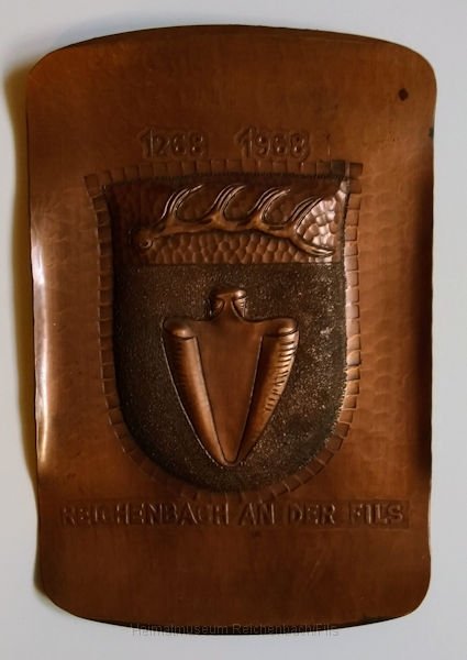 reich2.jpg - Kupferstich von 1968 zum 700-jährigen Jubiläum mit dem Wappen von Reichenbach sowie der Inschrift "1268 - 1968 Reichenbach an der Fils"