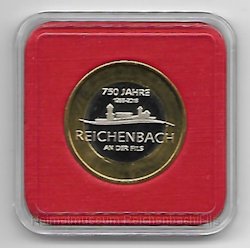 reich5v.jpg - Medaille "750 Jahre Reichenbach an der Fils" in Ausführung "Bimetall" (Vorderseite). Handgeprägt am 8. April 2018 auf dem Mittelaltermarkt vor dem Rathaus.