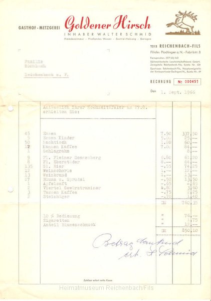 Gasthof Goldener Hirsch 2.jpg - Goldener Hirsch: Rechnung für eine Hochzeitsfeier. Ein Glas Bier kostete im Jahr 1966 noch 55 Pfennig!
