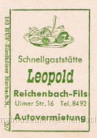 Schnellgaststaette Leopold.jpg - Streichholzschachtel-Werbung der Schnellgaststätte Leopold, Ulmer Str. 16, Reichenbach-Fils