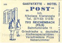 gast18.jpg - Streichholzschachtel-Werbung der Gaststätte-Hotel Post, Inh. Nikolas Kiwanoglu, Bahnhofstr. 11, 7313 Reichenbach(Fils)