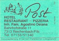 gast19.jpg - Streichholzschachtel-Werbung vom Hotel-Restaurant-Pizzeria Post, Inh. Fam. Agostino Deiana, Bahnhofstr. 11, 7313 Reichenbach/Fils