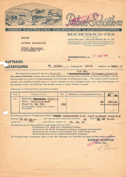 estar1.jpg - Rechnung der Firma "Robert Schöttle, Fabrik elektrischer Staubsauger und Kleinmotoren" von 1951 für einen Starmix.