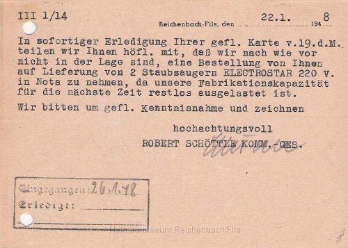 estar3h.jpg - Postkarte der Firma Electrostar von 1948 mit der Mitteilung an einen Kunden, dass zwei Staubsauger wegen "restloser" Produktionsauslastung nicht geliefert werden können (Rückseite).