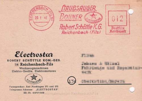 estar3v.jpg - Postkarte der Firma Electrostar von 1948 mit der Mitteilung an einen Kunden, dass zwei Staubsauger wegen "restloser" Produktionsauslastung nicht geliefert werden können.