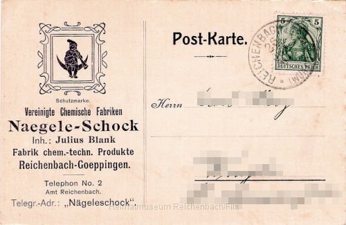 nagel4v.jpg - Postkarte der "Vereinigte Chemische Fabriken Naegele-Schock, Inh.: Julius Blank" von 1907 an einen Kunden.