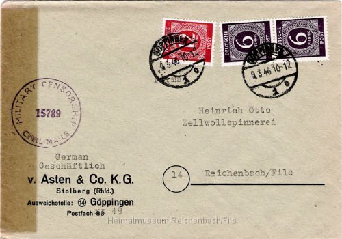otto1.jpg - Brief aus Göppingen vom März 1946 an die "Heinrich Otto, Zellwollspinnerei, Reichenbach/Fils" mit Stempel der US-Militärzensur.