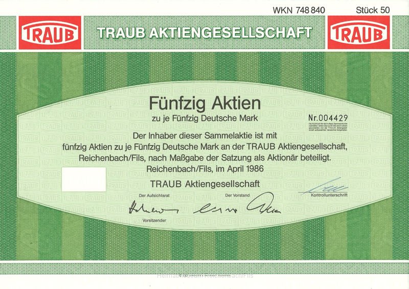 traub13.jpg - Fünfzig Aktien zu je fünfzig deutsche Mark der Traub Aktiengesellschaft von 1986.