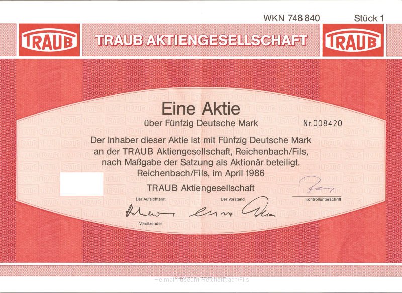 traub2.jpg - Eine Aktie über fünfzig deutsche Mark der Traub Aktiengesellschaft von 1986.