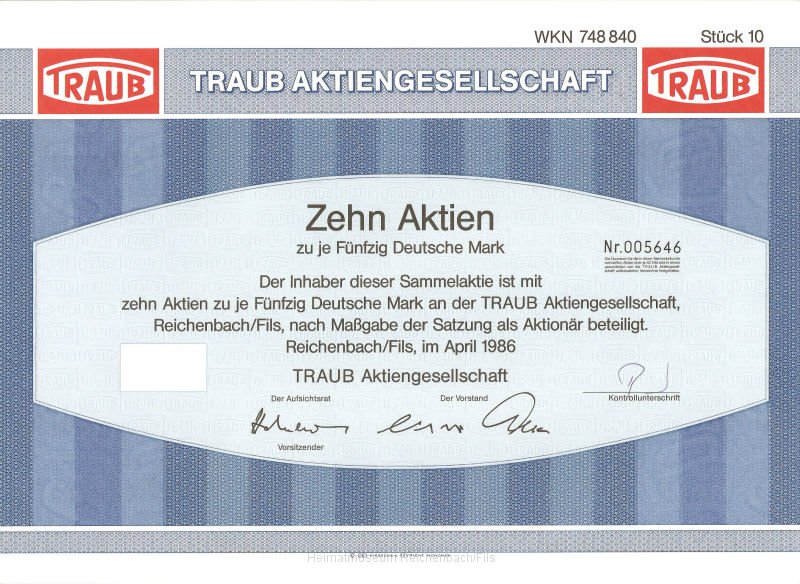 traub3.jpg - Zehn Aktien zu je fünfzig deutsche Mark der Traub Aktiengesellschaft von 1986.