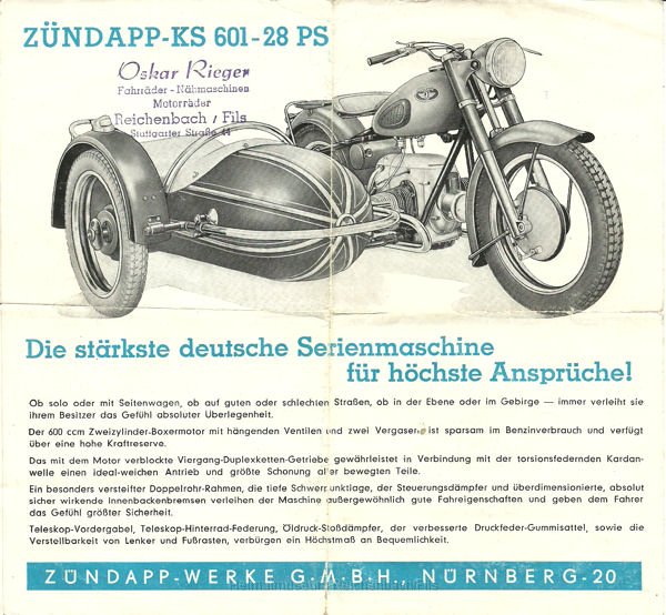 rieger2.jpg - Prospekt der "KS 601" von Zündapp, überreicht durch Oskar Rieger; Fahrräder, Nähmaschinen und Motorräder; Stuttgarter Str. 41, Reichenbach (Rückseite).