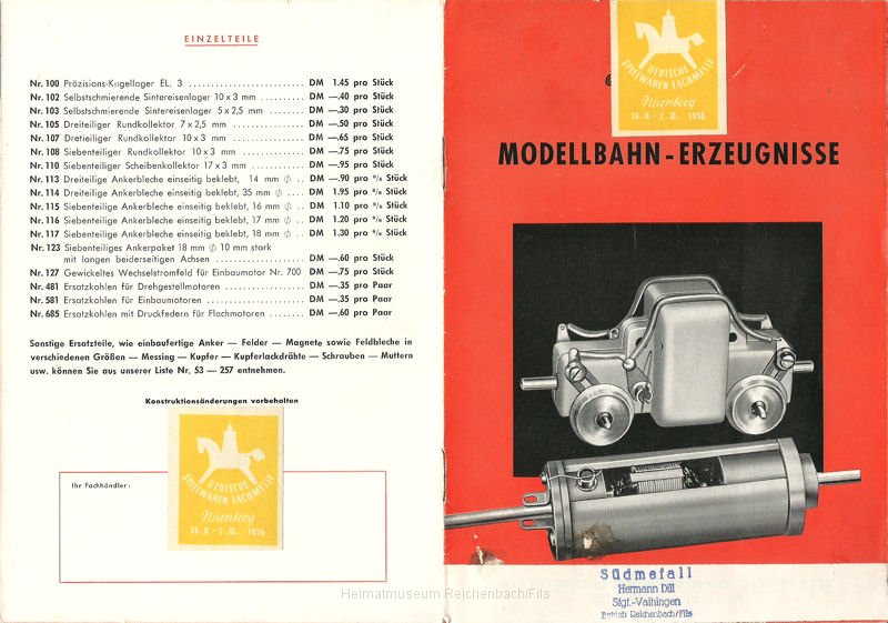 smetall1.jpg - Prospekt "Modellbahn-Erzeugnisse" der Firma Südmetall, Betrieb Reichenbach/Fils von 1956. Überrreicht auf der Spielwarenmesse in Nürnberg.