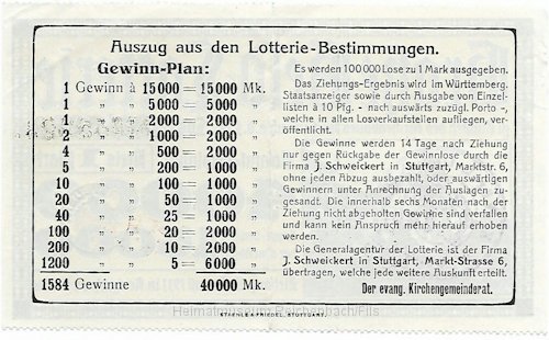 kirche11_h.jpg - Los für die "Große Geld-Lotterie" zu Gunsten des Kirchenbaues Reichenbach a. d. Fils, Ziehung am 23. August 1911 (Rückseite mit Gewinnplan).