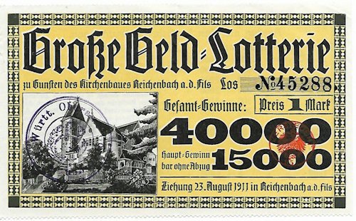 kirche11_v.jpg - Los für die "Große Geld-Lotterie" zu Gunsten des Kirchenbaues Reichenbach a. d. Fils, Ziehung am 23. August 1911 (Vorderseite).