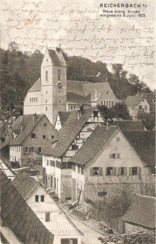kirche3.jpg - Neue evang. Kirche, eingeweiht 9. Juni 1907. Am selben Tag wurde diese Karte verschickt!