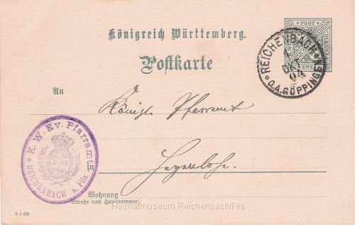 kirche4.jpg - Postkarte des Ev. Pfarramts Reichenbach a. Fils von Oktober 1904. Am Poststempel zu erkennen: Damals gehörte Reichenbach zum Oberamt Göppingen.