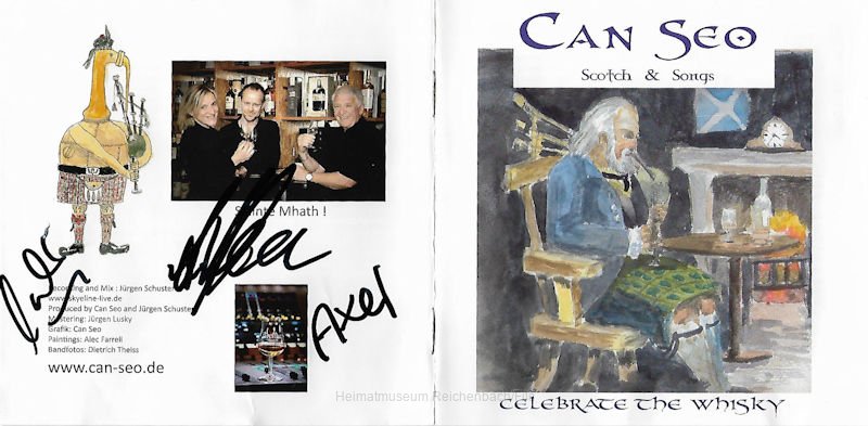 kunst5.jpg - CD "Celebrate the whisky" der Gruppe "Can Seo" bestehend aus Alec Farrell (aus Reichenbach), Gabi Wenhuda und Axel Renfftlen mit handsigniertem Booklet