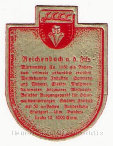 sonst5.jpg - Wappen von Reichenbach a. d. Fils mit kurzer Beschreibung der Besonderheiten des Ortes. Die Einwohneranzahl wird mit 4.500 angegeben.