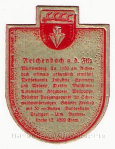 sonst5.jpg - Wappen von Reichenbach a. d. Fils mit kurzer Beschreibung der Besonderheiten des Ortes. Die Einwohneranzahl wird mit 4.500 angegeben.