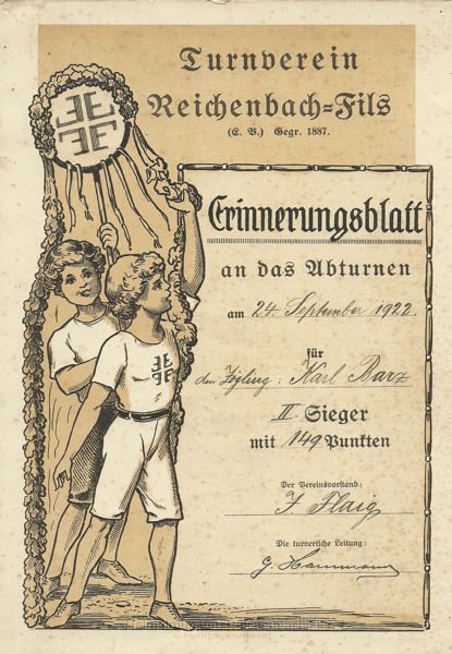 sport9.jpg - Erinnerungsblatt des TV Reichenbach an das Abturnen vom 24.09.1922 für den Zögling Karl Barz.