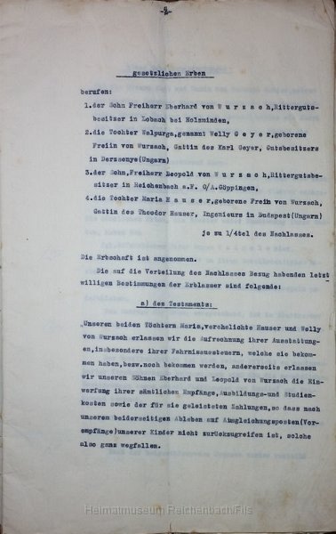 wurz12.jpg - Nachlass-Verzeichniss und Protokoll über Auseinandersetzung des Nachlasses der am 29. Januar 1907 verstorbenen Frau Maria von Wurzach und ihres ihr am 6. März 1907 im Tode nachgefolgten Gatten, Freiherr Karl von Wurzach. Erstellt am 24. Januar 1908 (Seite 2 mit Auflistung der gesetzlichen Erben).