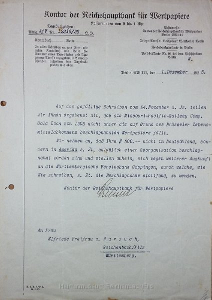 wurz7.jpg - Schreiben des Kontors der Reichshauptstadt für Wertpapiere an Frau Elfriede Freifrau v. Wurzach vom 1. Dezember 1925 bezüglich einer Beschlagnahmung von Wertpapieren.