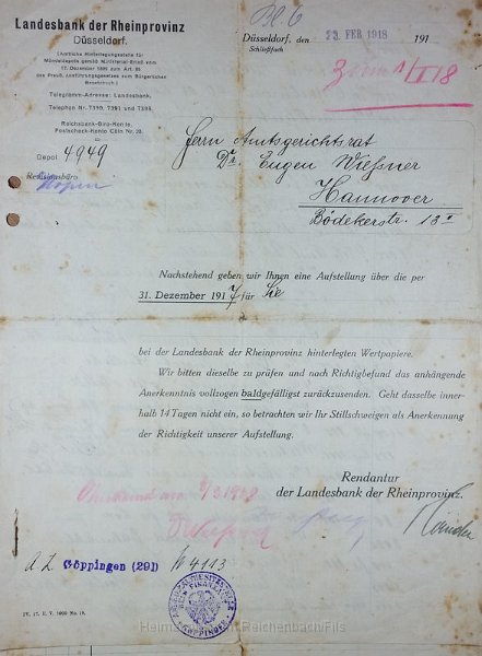 wurz8.jpg - Bescheinigung der Landesbank der Rheinprovinz in Düsseldorf über die per 31. Dezember 1917 für Herrn Amtsgerichtsrat Dr. Eugen Wießner hinterlegten Wertpapiere.