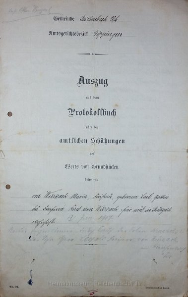 wurz9.jpg - Auszug aus dem Protokollbuch der amtlichen Schätzungen des Werts von Grundstücken der Gemeinde Reichenbach Fils vom 19. April 1907.