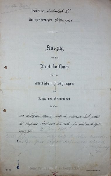 wurz9.jpg - Auszug aus dem Protokollbuch der amtlichen Schätzungen des Werts von Grundstücken der Gemeinde Reichenbach Fils vom 19. April 1907.